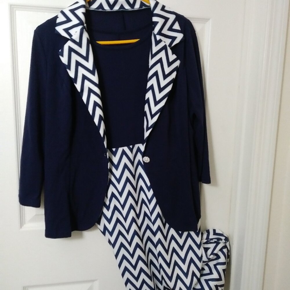 Two Piece Navy Blue White Stripes Empire Dress Size Large Size 8/10 USA